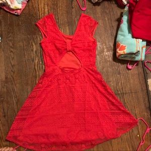 Open back,red flowy dress.